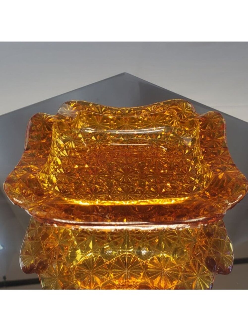 Vintage Daisy & Buttons Ashtray Trinket Dish Square Amber Glass MCM 5.5"